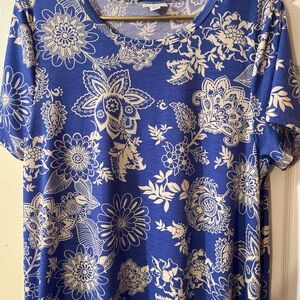 LuLaRoe Blue and Cream Floral Short Sleeve Swing Dress Pockets Top ‘Jessie’